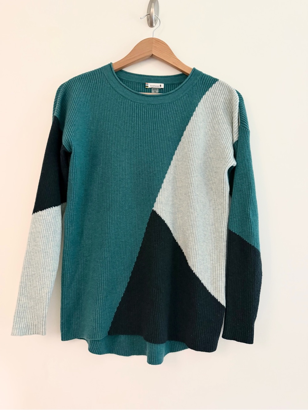 Smartwool Colorblock Teal Black Green Ribbed Knit Sweater Merino Wool Womens SM